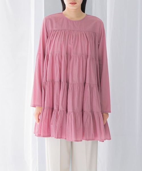 DT MaxMara ★ 七分袖 Vネック チュニック ドレス NUBLE ピンク チュニック normment COTTON VOIL TIERED TUNIC : ZOZOTOWN