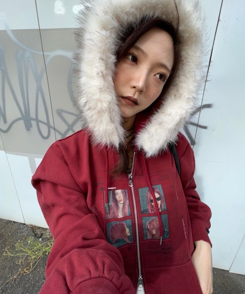 jeanasis 25quee カコウプリントZIPパーカー ファー 新品 JEANASIS（ジーナシス） パーカー 「25quee」カコウプリントZIP