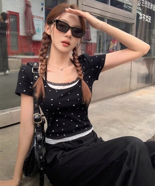 tシャツ 半袖 フェイクレイヤード リボンドット柄 ショート丈 トップス