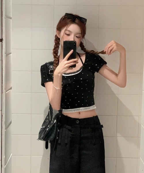 tシャツ 半袖 フェイクレイヤード リボンドット柄 ショート丈 トップス