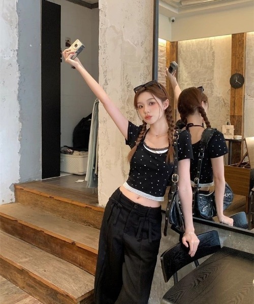ドット柄レイヤード風半袖トップス tシャツ 半袖 フェイクレイヤード リボンドット柄 ショート丈 トップス