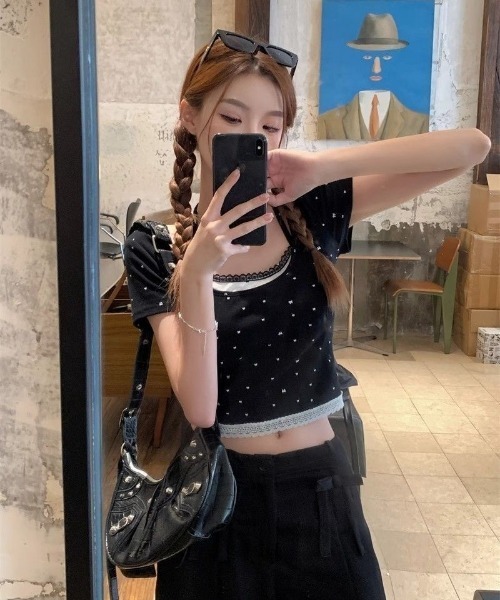 tシャツ 半袖 フェイクレイヤード リボンドット柄 ショート丈 トップス