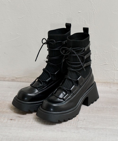lace up socks boots ブラウン厚底ブーツ ブーツ lace up socks boots/リボン編み上げ厚底ブーツ