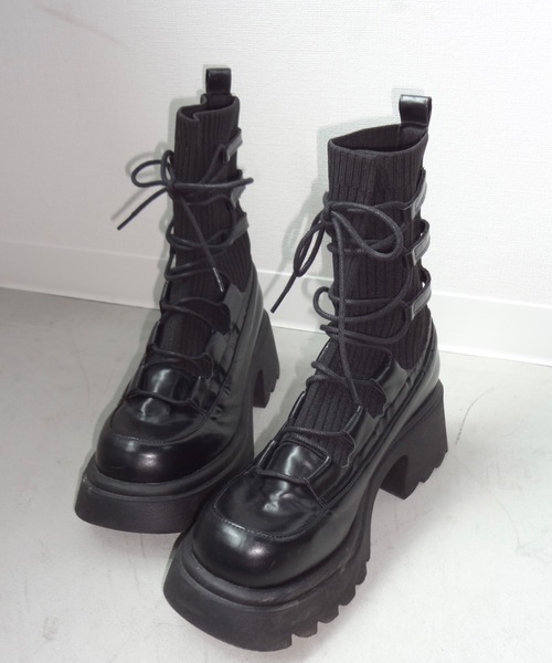 ブーツ lace up socks boots/リボン編み上げ厚底ブーツ レディース