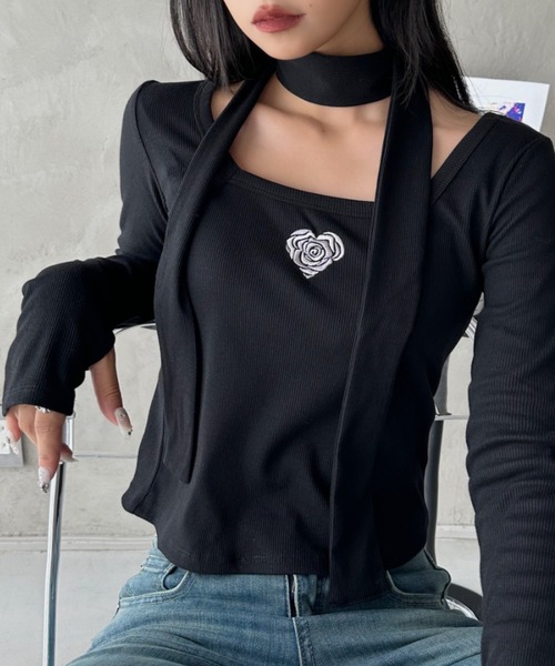 Ada. tシャツ タイ付き ハート ローズ 刺繍 スクエアネック バレエコア