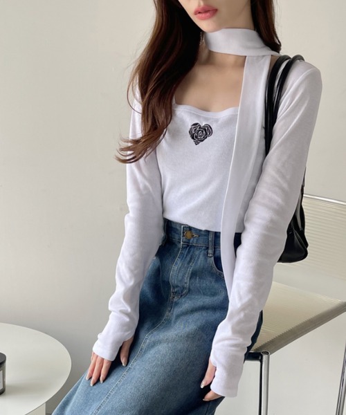 Ada. tシャツ タイ付き ハート ローズ 刺繍 スクエアネック バレエコア