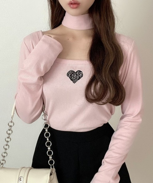 Ada. tシャツ タイ付き ハート ローズ 刺繍 スクエアネック バレエコア