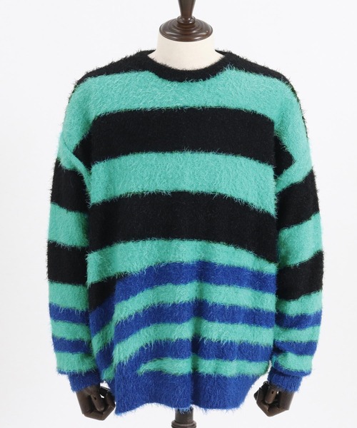 ニット セーター 「ADAMPATEK/アダムパテック」shaggy distorted stripes crew knit / シャギーボーダー切替 ADAMPATEK/shaggy distorted stripes crew knit/シャギー