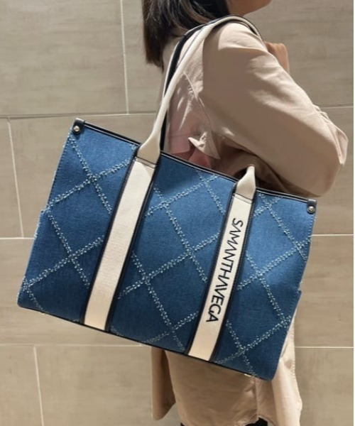 【SAMANTHAVEGA】ロゴテープデニムA4トート Samantha Vega トートバッグ ロゴテープデニム風A4トート