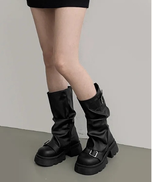 レザーブーツ　厚底 ミッキー クロスレザー厚底ブーツ mf3031【韓国モードファッション】