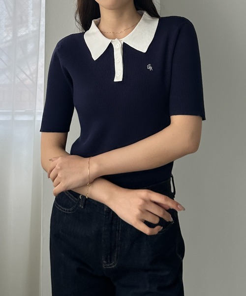 美品 セオリー 22SS ポロニット リブ ネイビー 半袖 Louere ニット セーター ロゴ刺繍半袖リブニットポロ レディース