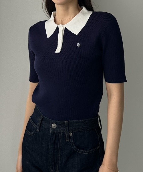 Louere（ルエレ） ニット セーター ロゴ刺繍半袖リブニットポロ