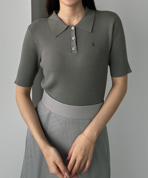 ニット セーター ポロループ半袖ニット レディース Louere ニット セーター ロゴ刺繍半袖リブニットポロ レディース