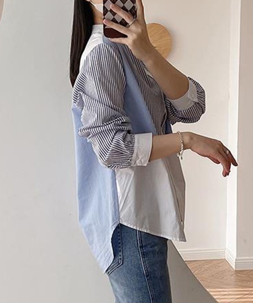 aimoha ブラウス シャツ ストライプ切替バンドカラーシャツ