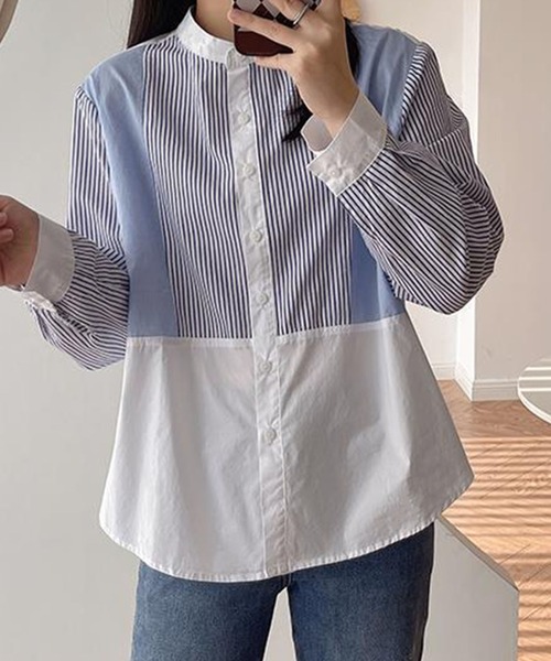 シャツ ストライプバンドカラーシャツ メンズ レディース/長袖