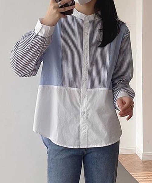 aimoha ブラウス シャツ ストライプ切替バンドカラーシャツ