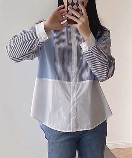 が大特価！ aimoha ブラウス ストライプ切替バンドカラーシャツ シャツ トップス