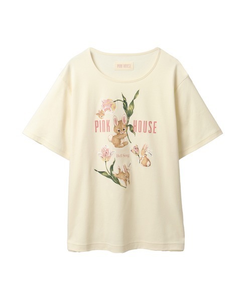 PINKHOUSE ピンクハウスキナリチューリップうさぎ　カットソーTシャツＬ PINK HOUSE tシャツ チューリップうさぎプリントカットソー