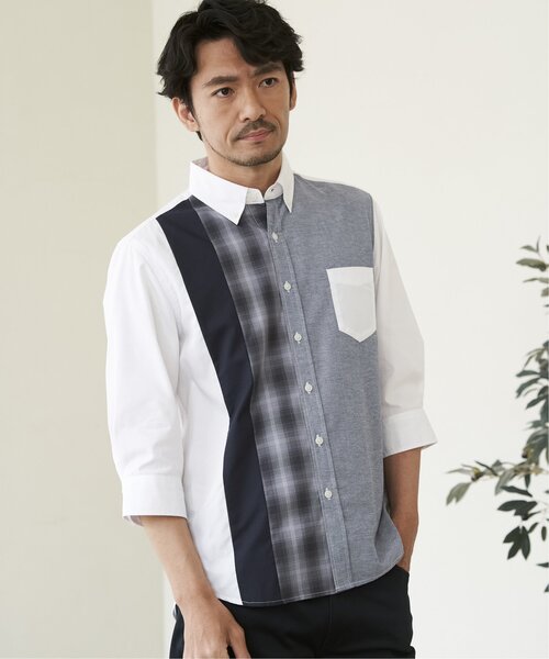 ikka シャツ 7分袖オックスブロックスチェック切り替えシャツ