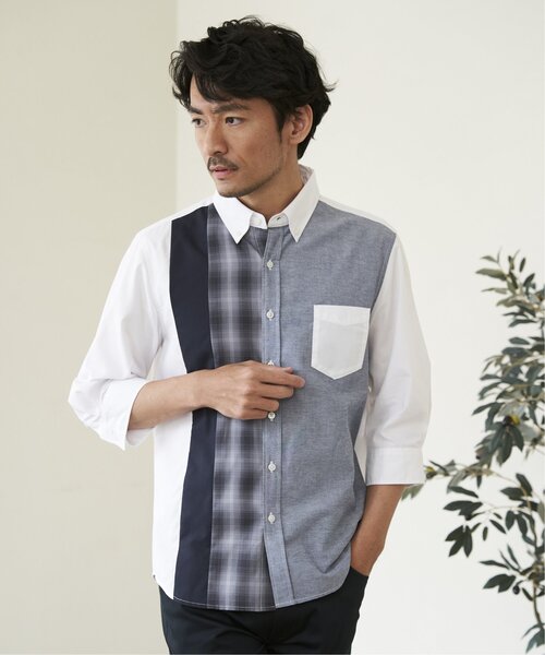 ikka シャツ 7分袖オックスブロックスチェック切り替えシャツ