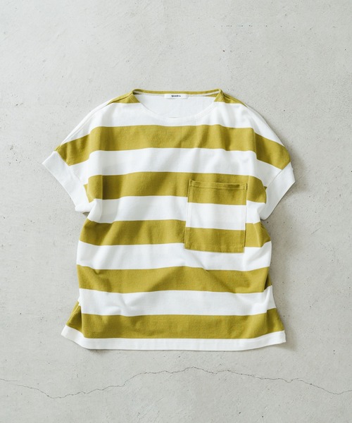 tシャツ 40/2切替ボーダーポケ付ボートネックプルオーバー レディース