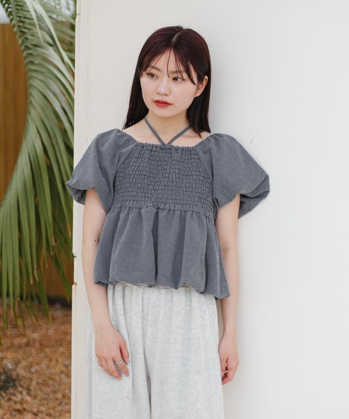 ２点　kastane バルーンブラウス　ネイビーとニットタグリブTEE ブルー Kastane ブラウス シャツ 「2WAY/4色展開」バルーンブラウス