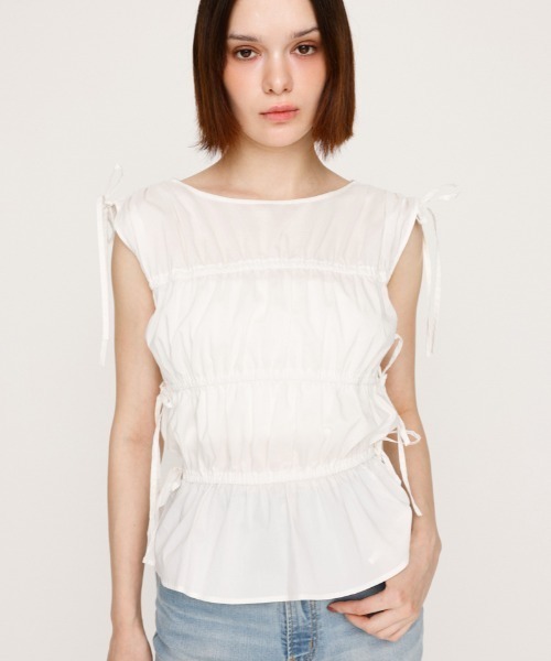 ブラウス シャツ GATHER RIBBON WOVEN BL ギャザーリボン ウーブン ブラウス 夏服 ノースリーブトップス レディース SLY ブラウス シャツ GATHER RIBBON WOVEN BL ギャザーリボン