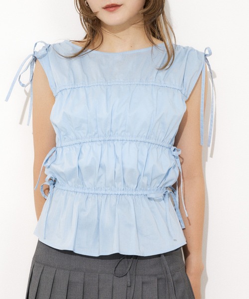 ブラウス シャツ GATHER RIBBON WOVEN BL ギャザーリボン ウーブン ブラウス 夏服 ノースリーブトップス レディース