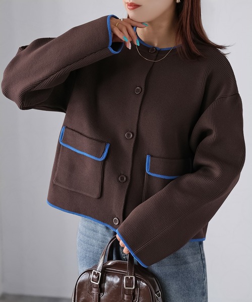 Riberry（リベリー） カーディガン 配色パイピングニットカーディガン