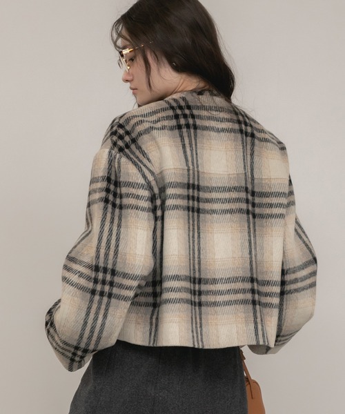 HEILIS リボンタイショートコート　チェック　ベージュ　ショート丈　値下 HEILIS（ヘイリス） ジャケット ノーカラージャケット 「大人気！HIT