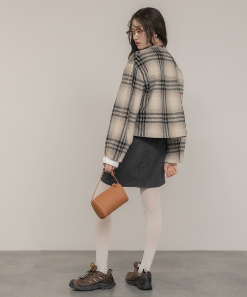 HEILIS リボンタイショートコート　チェック　ベージュ　ショート丈　値下 HEILIS（ヘイリス） ジャケット ノーカラージャケット 「大人気！HIT