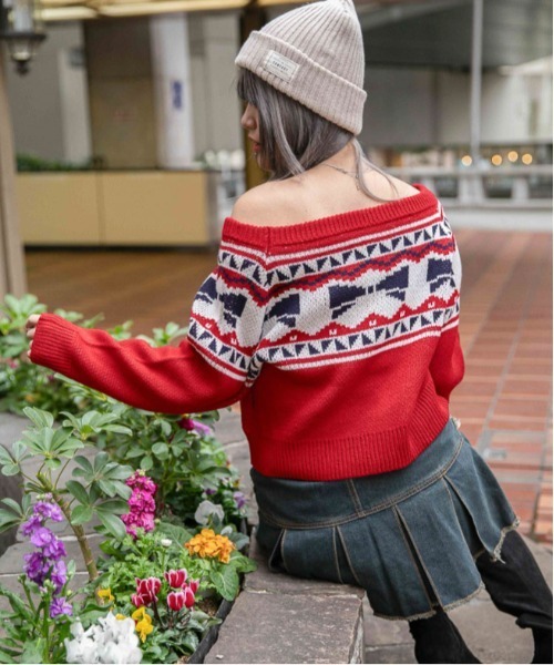 ニット セーター 「ノルディック風リボン柄×ワイドネック」ゆる