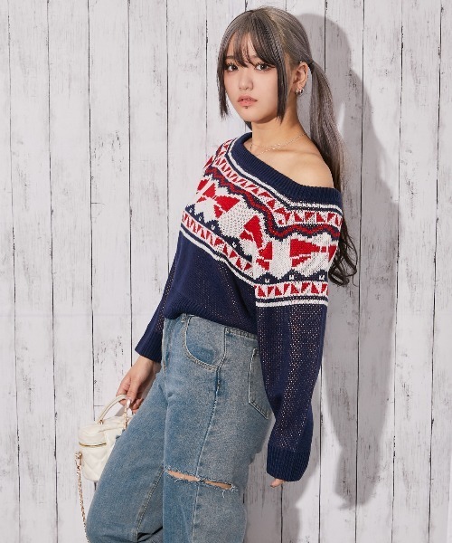 ニット セーター 「ノルディック風リボン柄×ワイドネック」ゆる