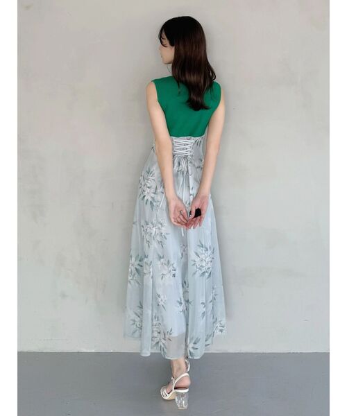 ワンピース 花柄ドッキングバックレースアップワンピースの画像