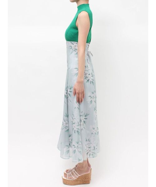 ワンピース 花柄ドッキングバックレースアップワンピースの画像
