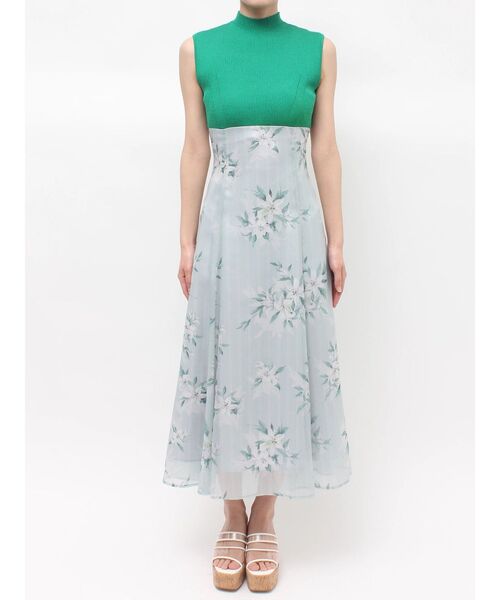 ワンピース 花柄ドッキングバックレースアップワンピースの画像