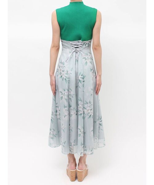 ワンピース 花柄ドッキングバックレースアップワンピースの画像