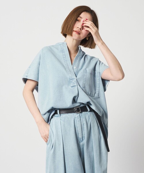 【1月5日限定価格】conte ディープVネックスキッパーシャツ　ライトブルー conte ブラウス シャツ 「conte」デニム スキッパーシャツ レディース
