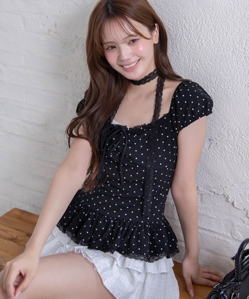 clear tシャツ 半袖 チョーカー付きドット裾フリルカットソー「骨格