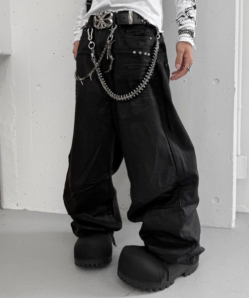Nの系譜【名作】 Pledge ラスターコーティング デニムパンツ ワイドパンツ ジーンズ 「Never mind the XU」coating denim pants