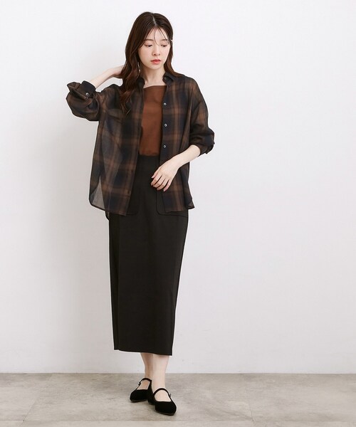 オンブレーチェックシャツシアーウールブラウス grove（グローブ） ブラウス シャツ シアーオンブレチェックシャツ