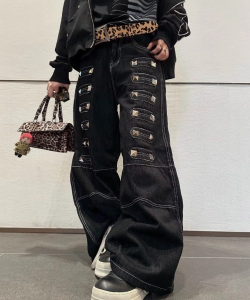 DETW ゼブラ柄 ワイドデニムパンツ Y2K ダブルウエスト 星スタッズ Sibra（シブラ） ワイドパンツ ジーンズ デニム デニムパンツ Y2K