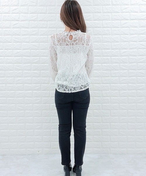 ブラウス シャツ LACE TOP レディース Lace Ladies 立ち襟 レース 長袖 ブラウス シャツ ホワイト