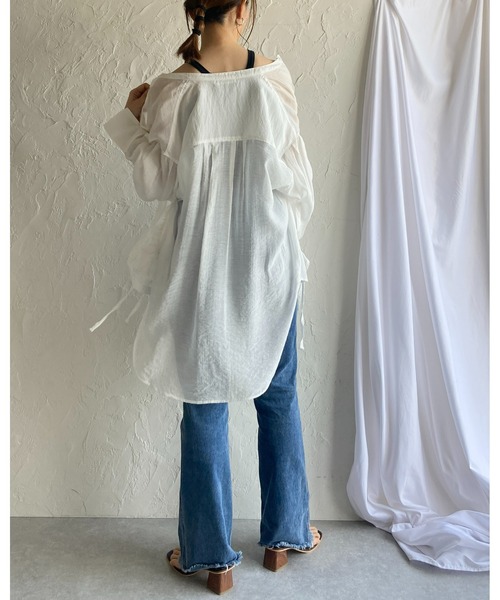 ブラウス シャツ ドロストシャーリングシアーシャツ レディース She's Closet ブラウス シャツ バンドカラー長袖ドロスト