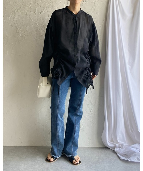 ブラウス シャツ ドロストシャーリングシアーシャツ レディース She's Closet ブラウス シャツ バンドカラー長袖ドロスト