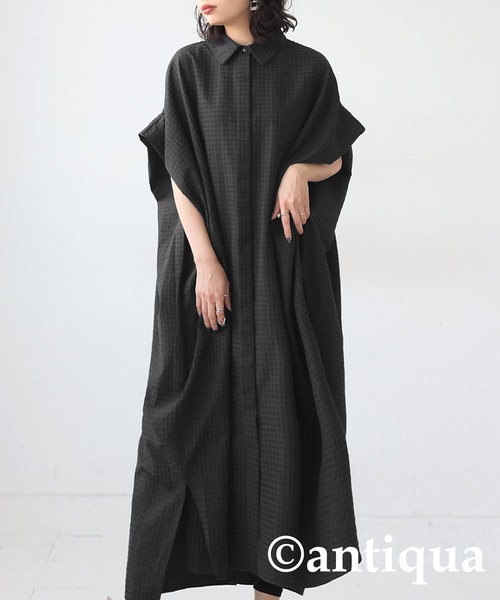 ann吉 アンキチ　センソユニコ チェックシャツワンピース 麻混 38 23ss antiqua（アンティカ） シャツワンピース チェックシャツワンピース