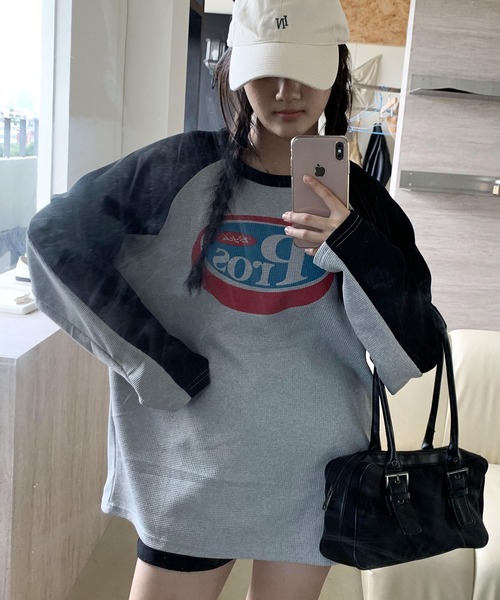 tシャツ オーバーサイズ ワッフル プリント ラグランロンT