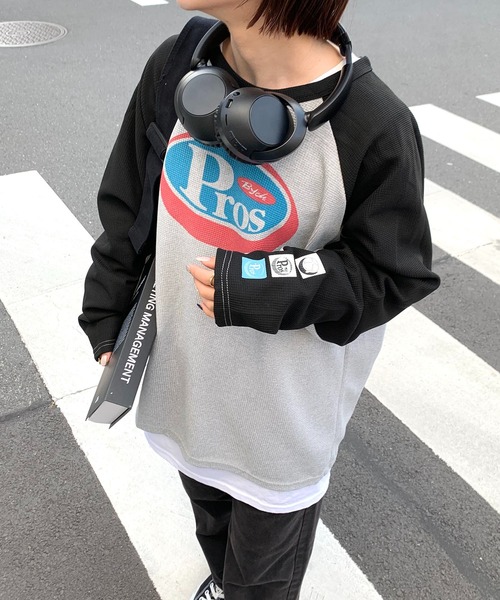 tシャツ オーバーサイズ ワッフル プリント ラグランロンT
