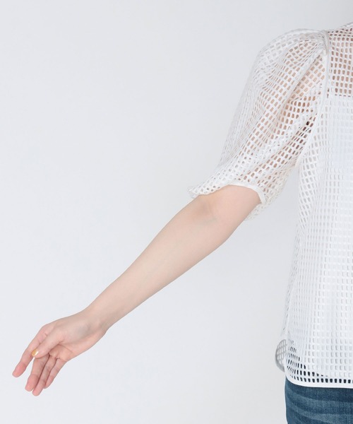 Jines ブラウス シャツ メッシュパフスリーブトップス