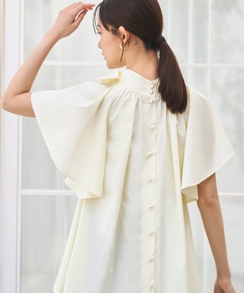 ブラウス シャツ マルチway 洗える ｜ワイドハイネック・ボウタイブラウス ｜ 半袖 フレアスリーブ ハイネック トップス 体型カバー オフィスカジ RUIRUE BOUTIQUE ブラウス シャツ マルチway 洗える ｜ワイド